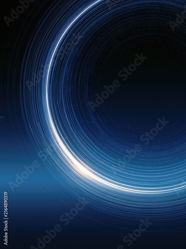 Abstract blue light rings on a dark background with sweeping curved lines and a glowing arc, suitable for technology and business presentations.