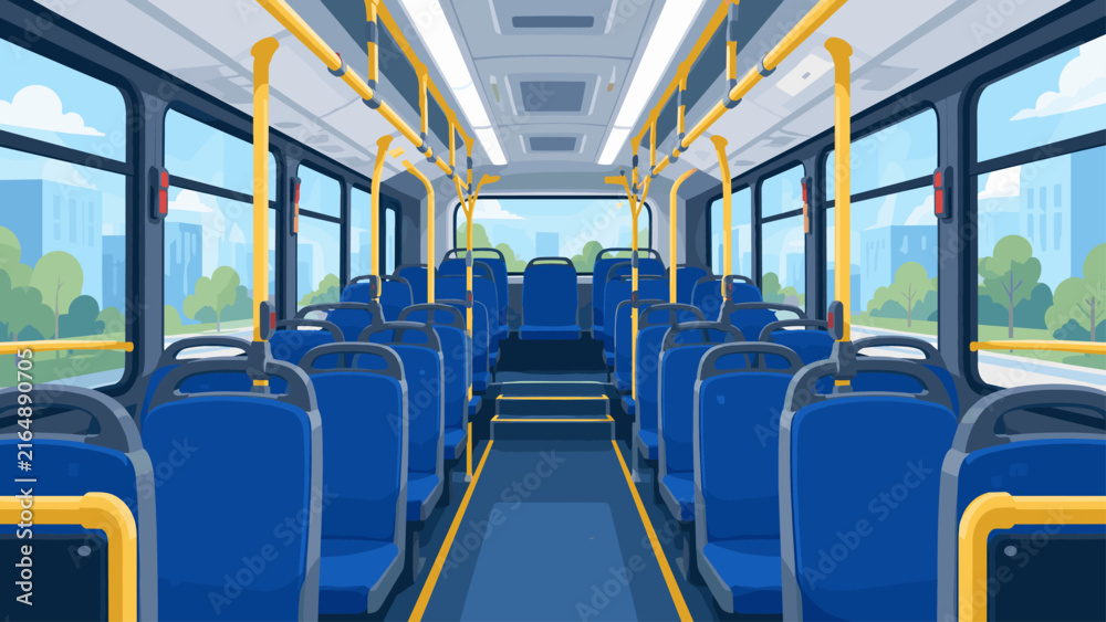 Fototapeta premium Interior view of an empty public transport bus with blue seats and yellow handrails