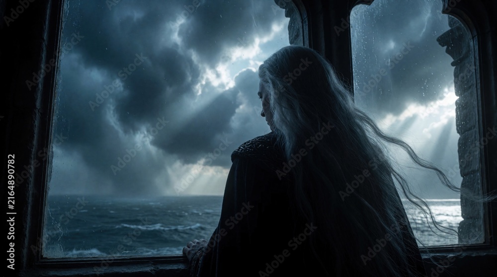 Obraz premium Mystical woman with long white hair looks out castle window. Silhouette of female figure gazes at stormy sky, dark ocean waves. Fantasy scene with dramatic clouds, epic landscape view from stone