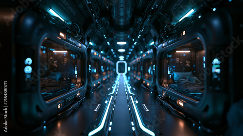 Futuristic Spaceship Interior with Sleeping Pods and Neon Corridor
