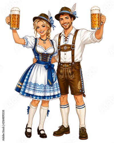 Happy couple in traditional Bavarian clothing holding beer mugs for Oktoberfest celebration