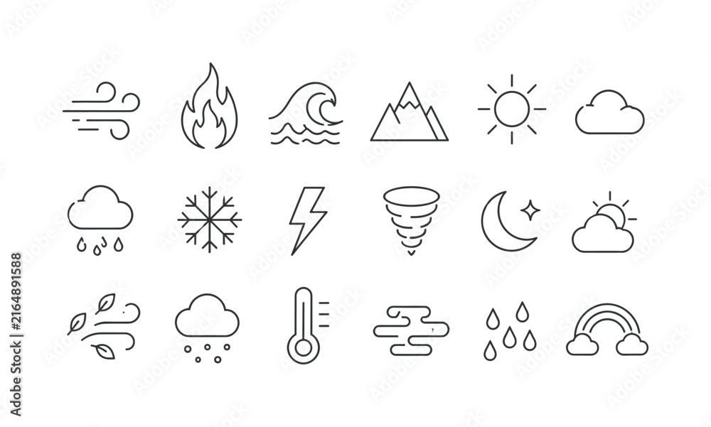 Fototapeta premium Collection of weather and natural element outline icons for design
