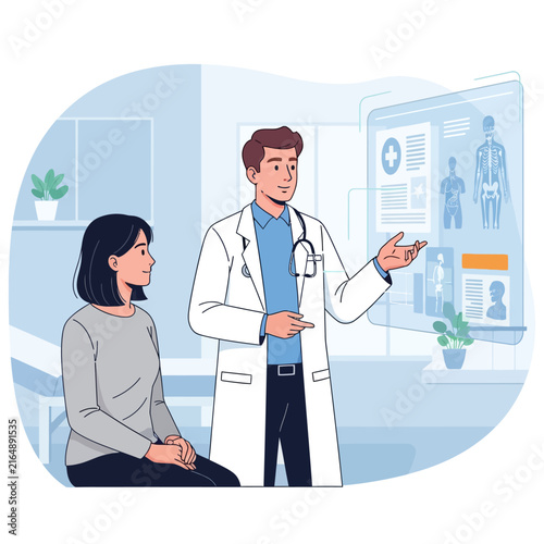 Doctor And Patient Discussing Medical Information On A Futuristic Transparent Screen