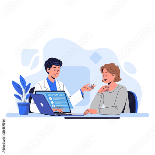 Doctor And Patient Discussing Medical Recovery Plan On Laptop Screen