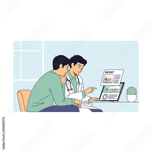 Doctor And Patient Discussing Medical Report On Laptop Screen Together