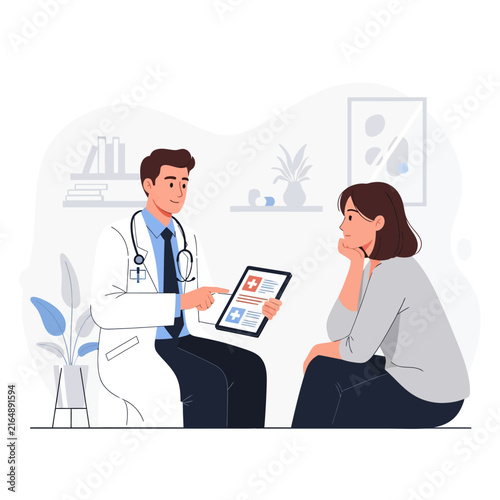 Doctor And Patient Discussing Medical Results On A Digital Tablet In A Modern Clinic