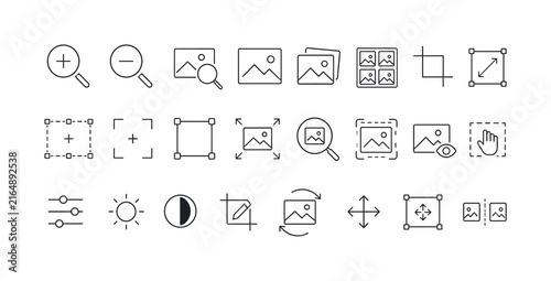 Image zoom outline icon set with frames, magnifiers, crop marks, and picture editing symbols, image, zoom, frames, magnifiers,