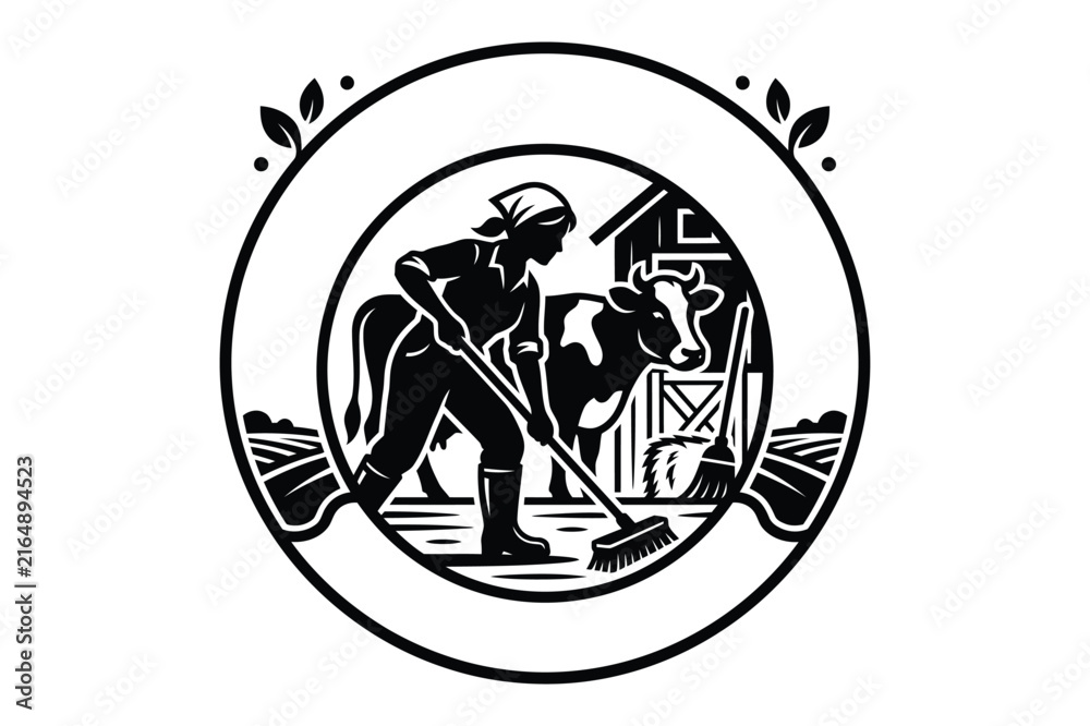 Fototapeta premium Farm worker cleaning dairy barn with cow silhouette vector illustration, cleaning