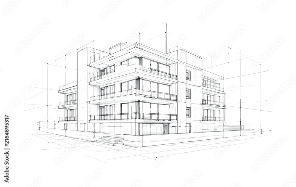 Fototapeta premium Architectural sketch of a modern multi-story residential building with balconies