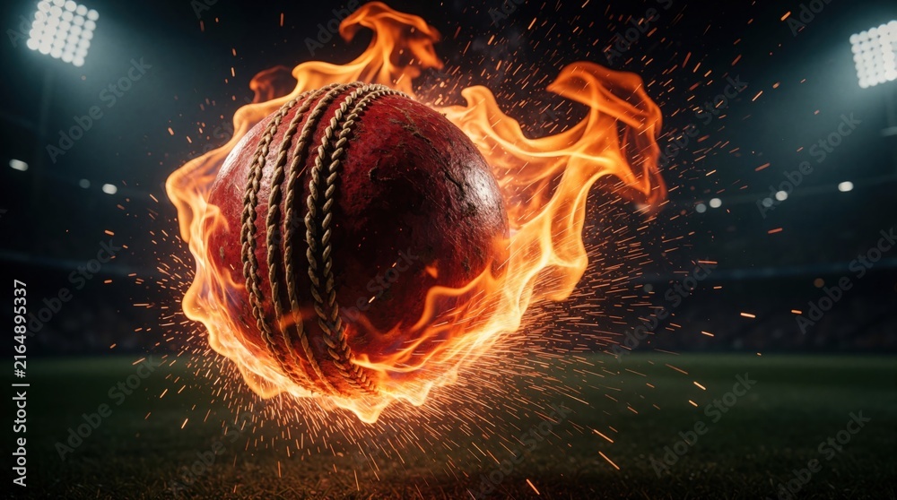 Obraz premium Flaming cricket ball emits sparks in stadium. Digital render shows ball wrapped in string engulfed in yellow-orange flames. Night scene highlights action with stadium lights behind dark background,