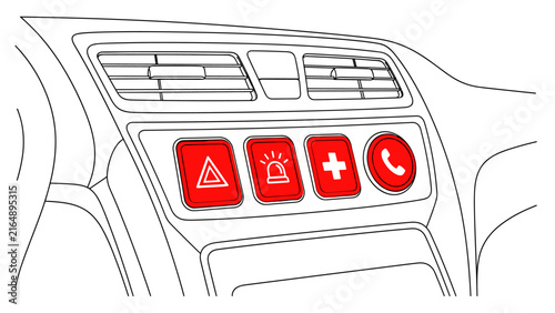 Car dashboard emergency buttons glowing red for hazard, SOS, and call functions