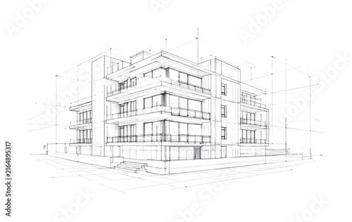 Architectural sketch of a modern multi-story residential building with balconies