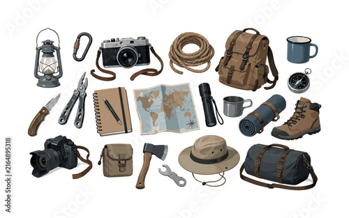 Essential outdoor adventure gear laid out for exploration and travel