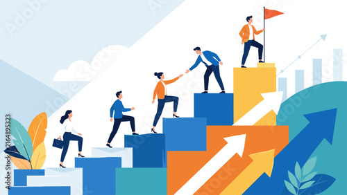 Business growth concept with people climbing stairs and reaching goals