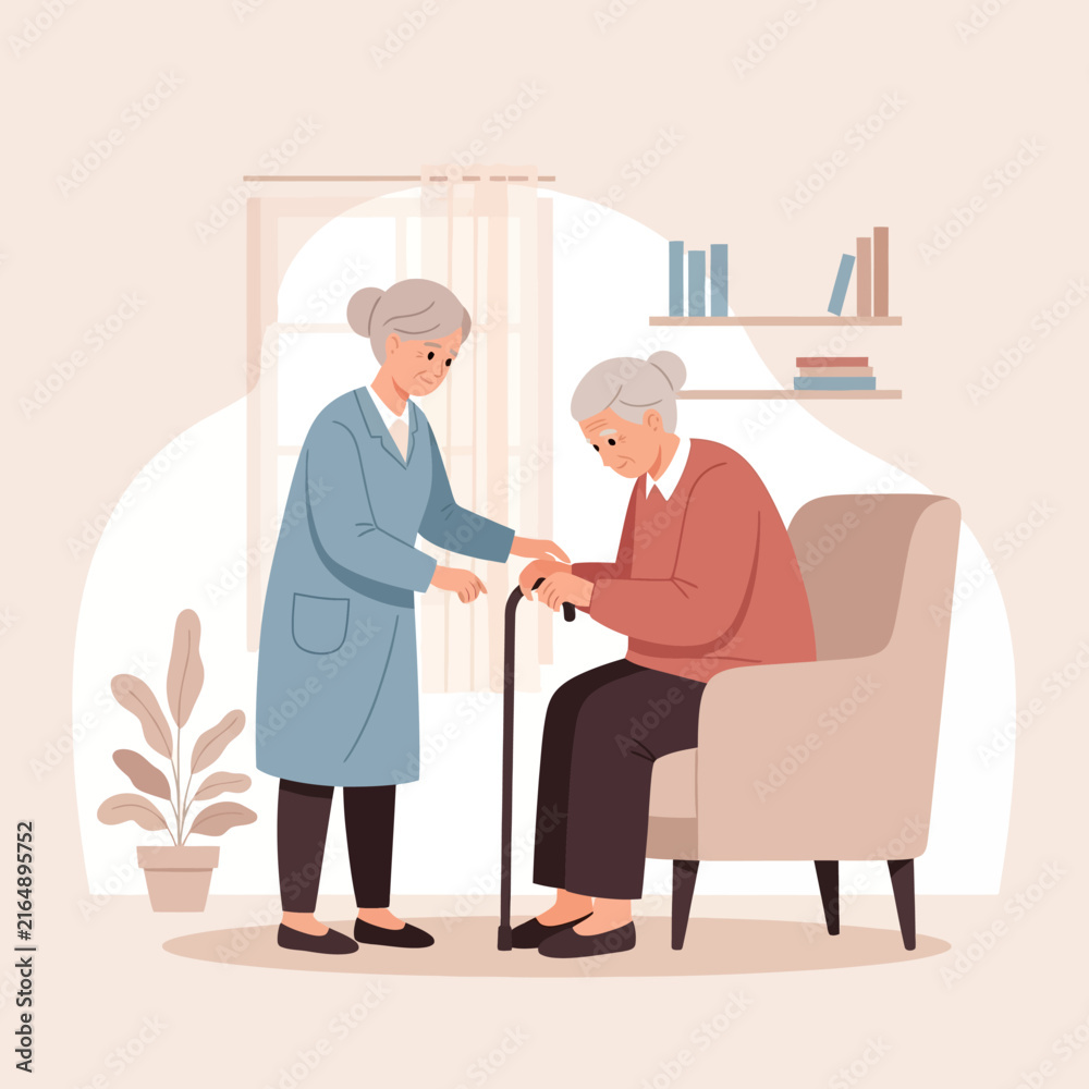 Fototapeta premium Caring Hands Assisting Elderly Senior With Walking Stick Kindness And Support