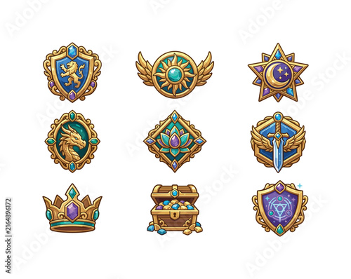Collection of ornate fantasy game badges and icons with jewels and symbols