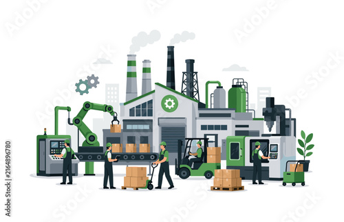 Modern factory operations with automated machinery and human workers