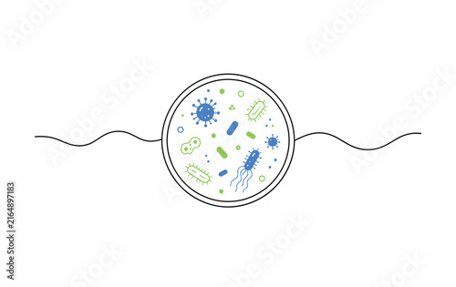 Microscopic view of diverse bacteria and viruses under a magnifying glass