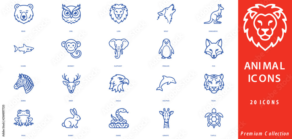 Naklejka premium Blue animal line sheet with twenty wildlife symbols including bear, lion, shark, zebra, and snake on white background, with red panel
