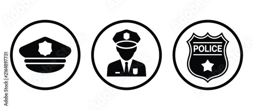 Police Symbol Set: A collection of black and white icons representing law enforcement. law enforcement symbol, police badge, police hat, security icon.
