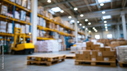 blurred warehouse has shelves packed with cartons and pallets while forklifts move items around