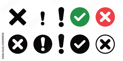 Принти на полотні Symbols of Correctness and Caution: A collection of graphic icons featuring checkmarks, crosses, and exclamation marks, representing agreement, disagreement, and alerts