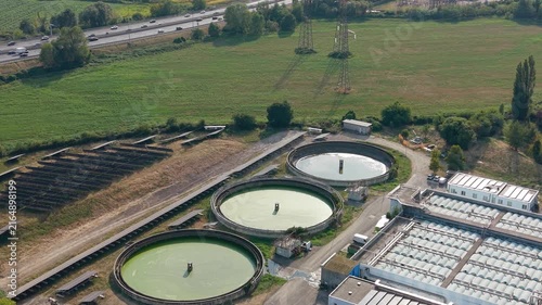 Wastewater Treatment Plant and Circular Water Economy Infrastructure. Aerial Drone View, Assago, Milan, Italy