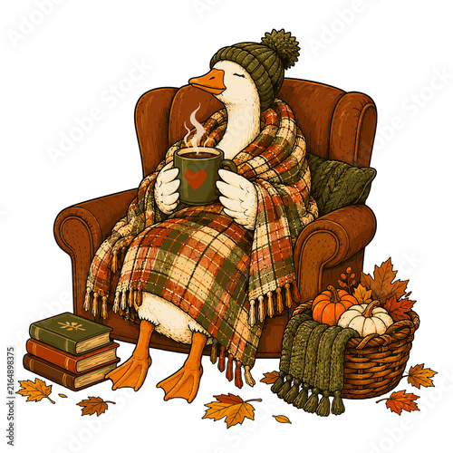 Cozy goose wrapped in a blanket enjoying a warm drink in an armchair  