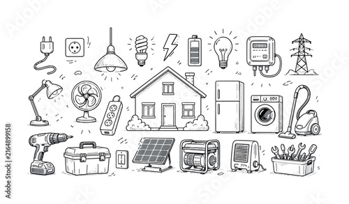 Collection of household electrical appliances and energy sources for a home