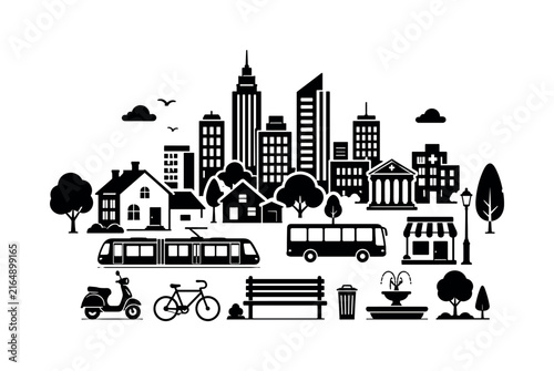 Diverse urban cityscape with residential and commercial buildings and transportation