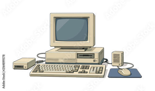 Vintage desktop computer setup with monitor, keyboard, mouse, and floppy drive