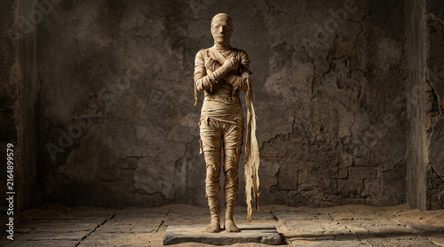 Mummy wrapped in bandages standing in a dimly lit ancient room  