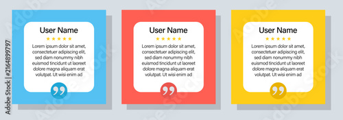 Set of three colorful testimonial review boxes with user name, five star rating, and quote marks for customer feedback or review section vector design.