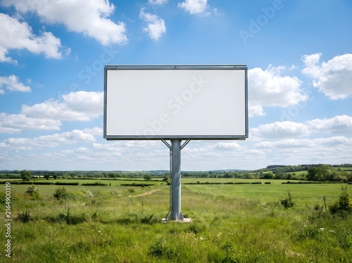 A large blank billboard standing in a green grassy field under a bright blue sky with clouds