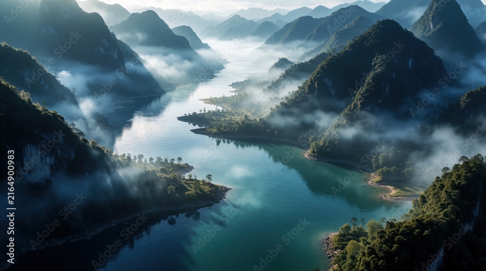Fototapeta premium Misty river flows between green mountain peaks under sunlight. Foggy valley opens to serene blue water and rich forest hills. Aerial view shows a peaceful, remote landscape.