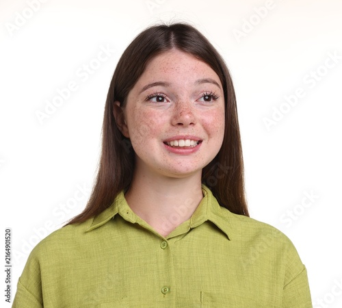 Konstfotografi Beautiful girl with freckles on white background