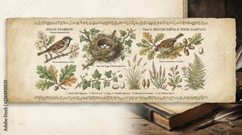Vintage Botanical Illustration of Sparrows, Nest, Eggs, Oak Leaves, Ferns