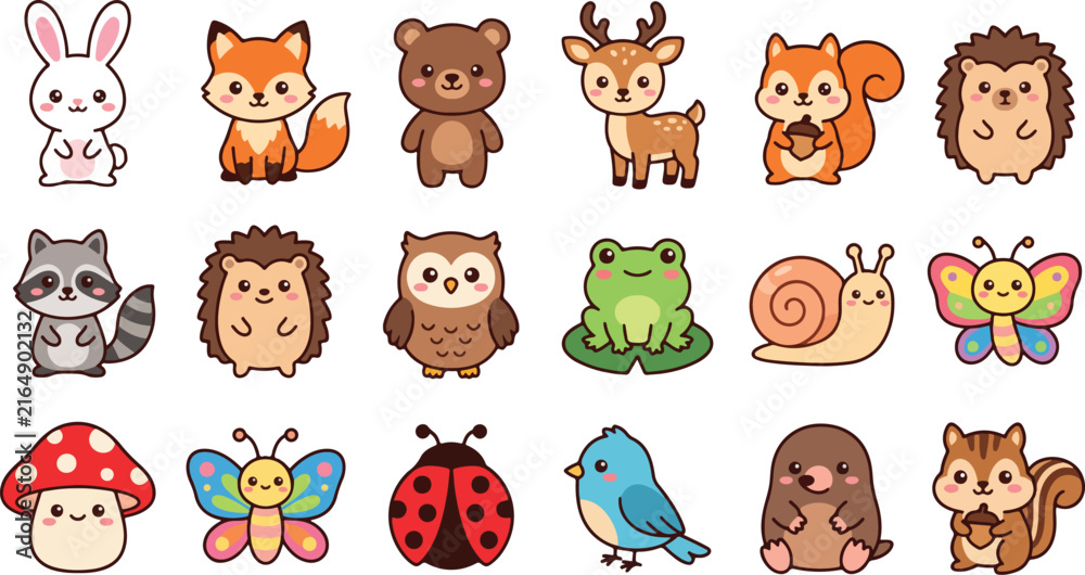 Fototapeta premium Cute Woodland Forest Animals Insects and Wildlife Vector Sticker Set