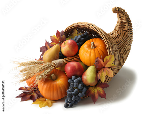 Wicker horn of plenty overflowing with seasonal harvest vegetables and fruits for autumn celebration