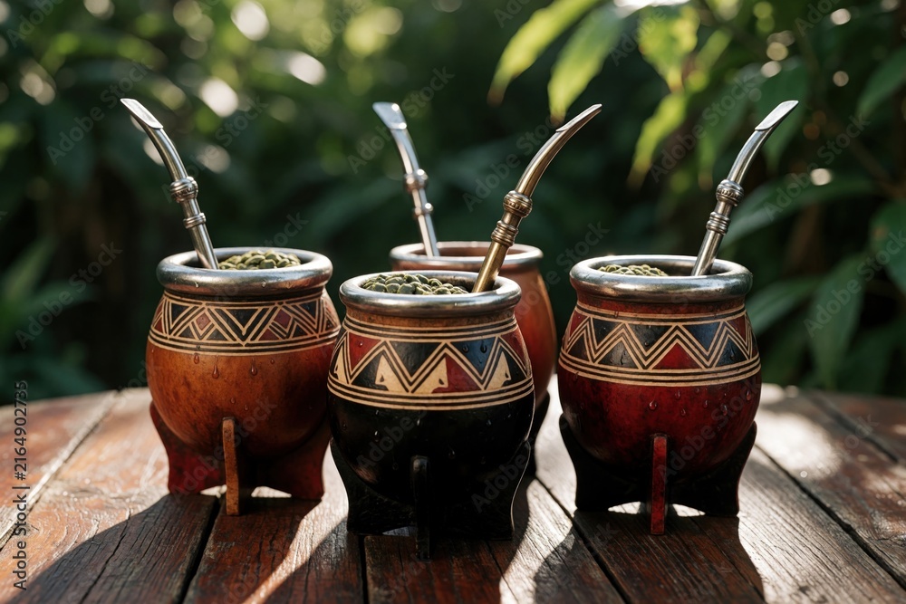 Naklejka premium Four traditional South American mate cups with bombillas rest on a wooden table. Green yerba mate leaves fill the gourds. Outdoor plants create a blurred background.