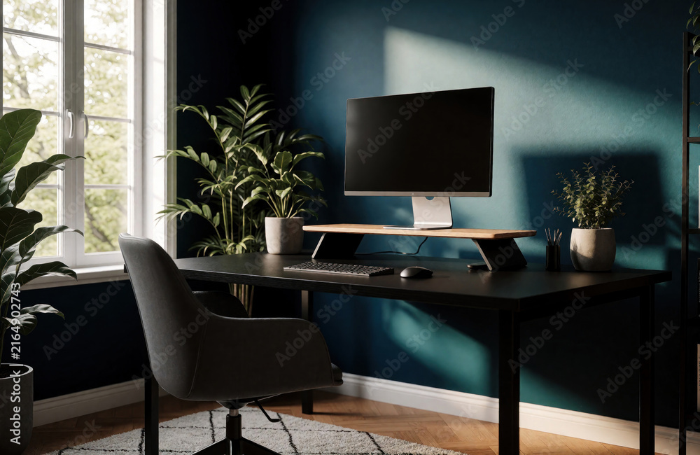 Fototapeta premium Modern home office workspace with black desk, computer monitor on wood stand. Dark blue wall background with indoor plants in pots. Minimalist interior design features gray chair, keyboard, mouse in