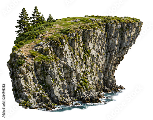 Floating rocky cliff island with green pine trees and steep rock walls isolated on white