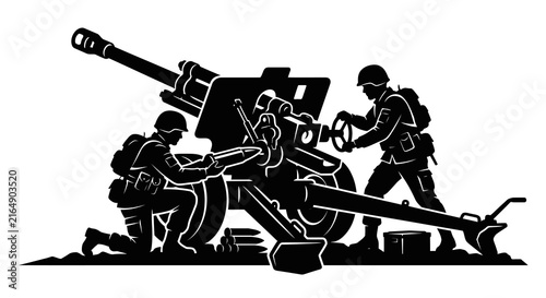 Bild auf Leinwand Silhouette of artillery crew operating a field gun against a white background