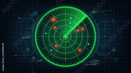 Digital radar screen displaying multiple targets with green and red blips
