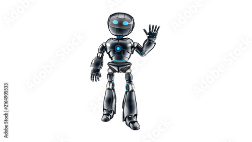 3D metallic humanoid robot waving hello isolated on white background