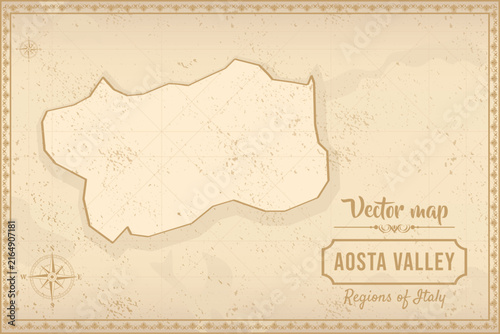 Vintage antique-style vector map of Aosta Valley — Italy's smallest Alpine region. Aged parchment, compass rose & ornate border. Perfect for travel design!