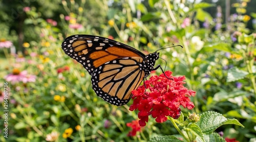 Monarch butterfly perched on a vibrant red lantana flower in a sunny summer garden