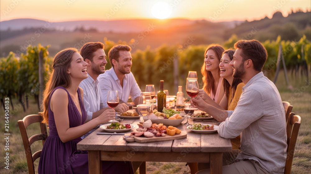 Fototapeta premium Friends dining outdoors at sunset in vineyard. Group of young adults having dinner party with red wine and local food in countryside setting.