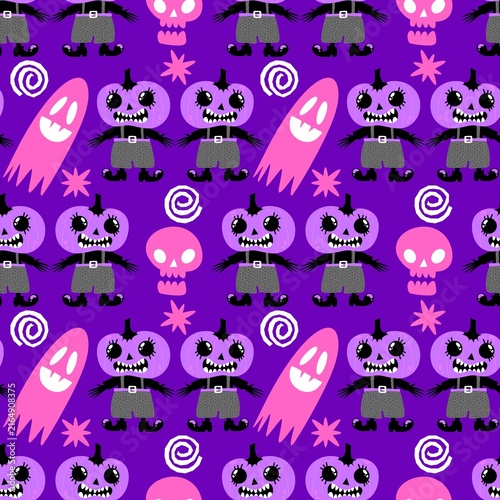 Autumn harvest vegetable seamless monster Halloween pumpkins pattern for wrapping paper and fabrics