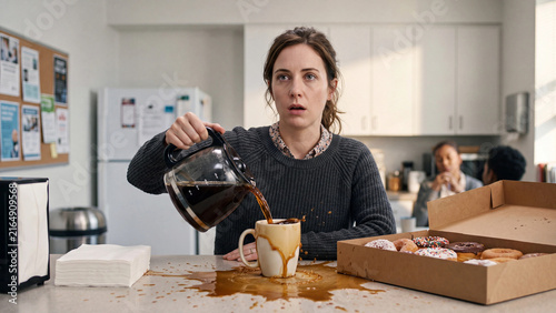 Tired woman pouring coffee onto a table on a monday funny morning at home